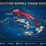 글로벌 지도 위에 중국에서 동남아시아(베트남, 말레이시아)로 향하는 반도체 공급망의 이동을 나타내는 화살표와 칩 아이콘이 있는 인포그래픽