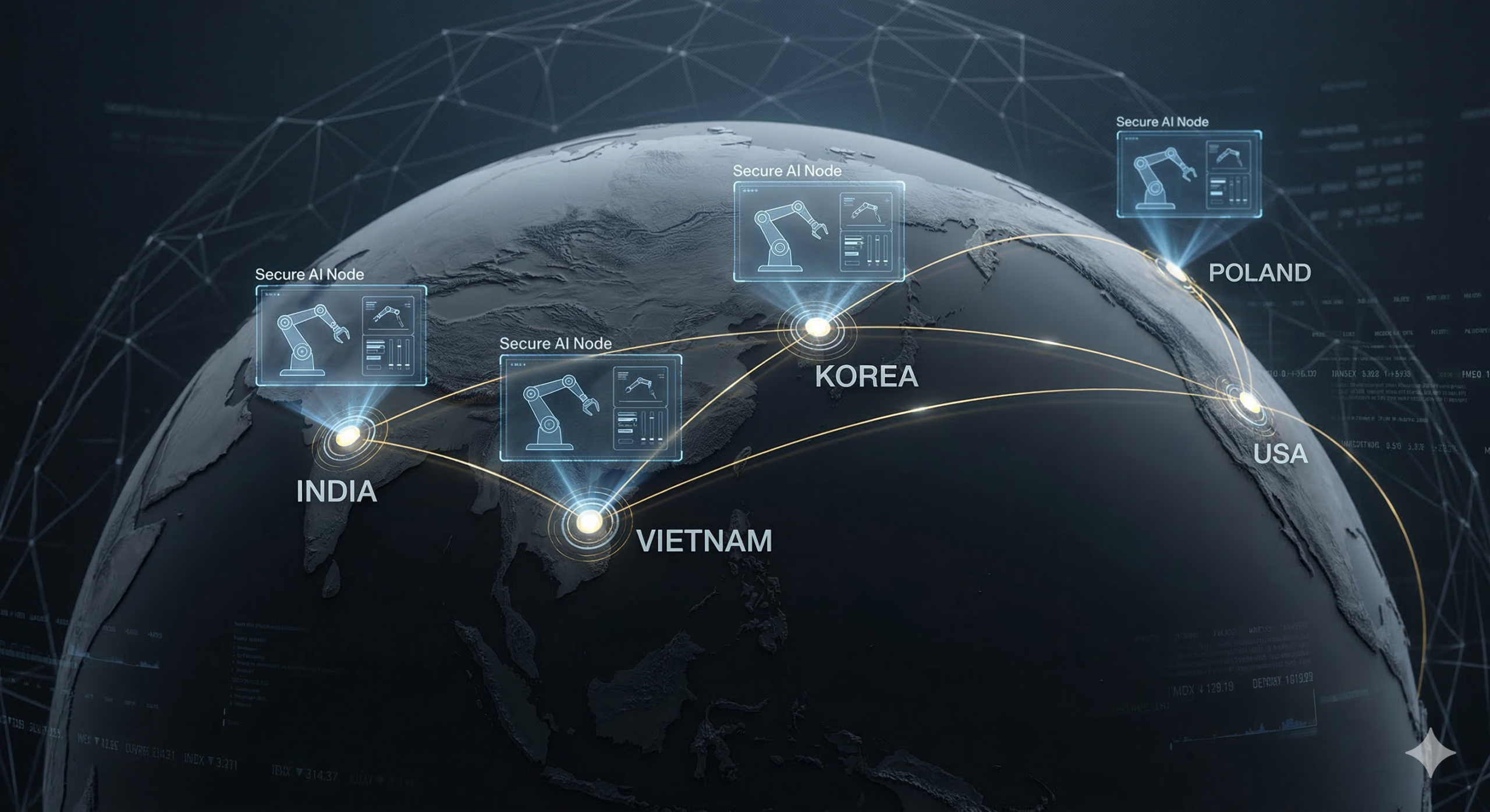 세계 지도 위에 미국과 동맹국들을 잇는 빛의 네트워크가 형성되어 있고, 그 네트워크의 노드마다 첨단 로봇 팔과 데이터센터가 솟아오른 모습.