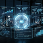 중앙의 AI 에이전트 코어가 금융, 코딩, 쇼핑, 물류 등 다양한 산업 분야를 자율적으로 제어하는 디지털 홀로그램 이미지.