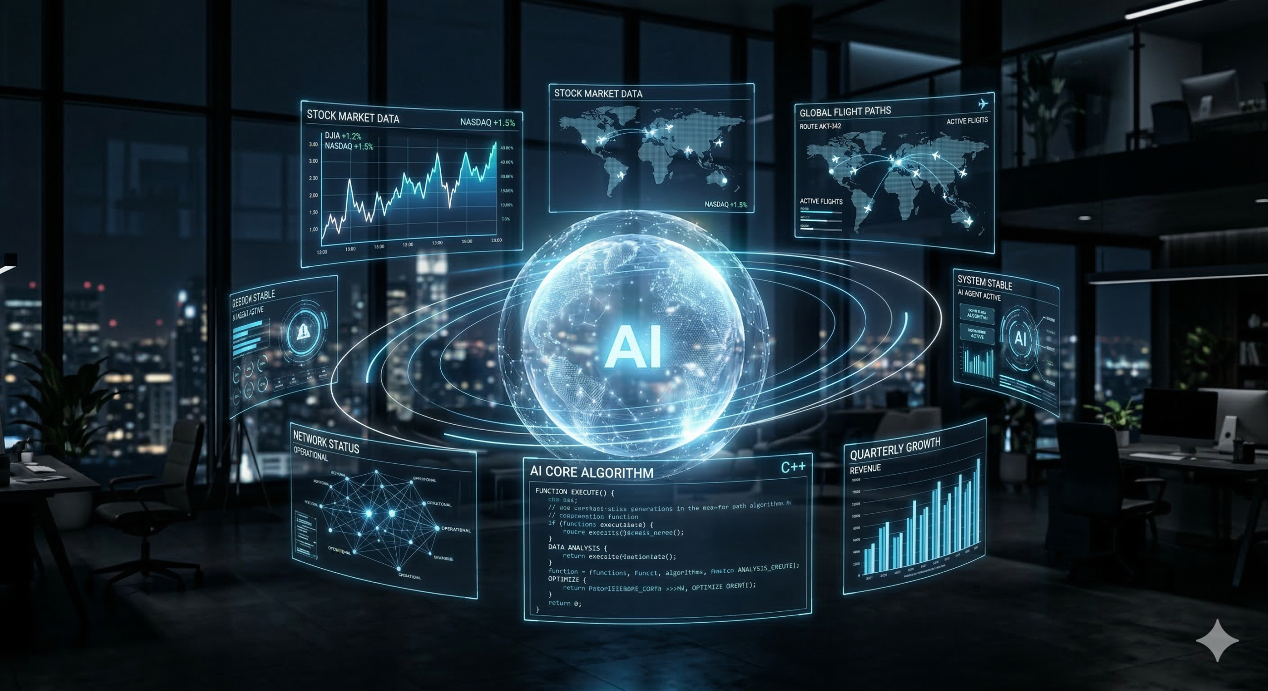 중앙의 AI 에이전트 코어가 금융, 코딩, 쇼핑, 물류 등 다양한 산업 분야를 자율적으로 제어하는 디지털 홀로그램 이미지.