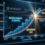 우상향하는 빅테크의 CAPEX 차트와 그 위를 가로지르는 수익성(Profitability) 곡선이 교차하는 지점을 나타낸 금융 대시보드 그래픽