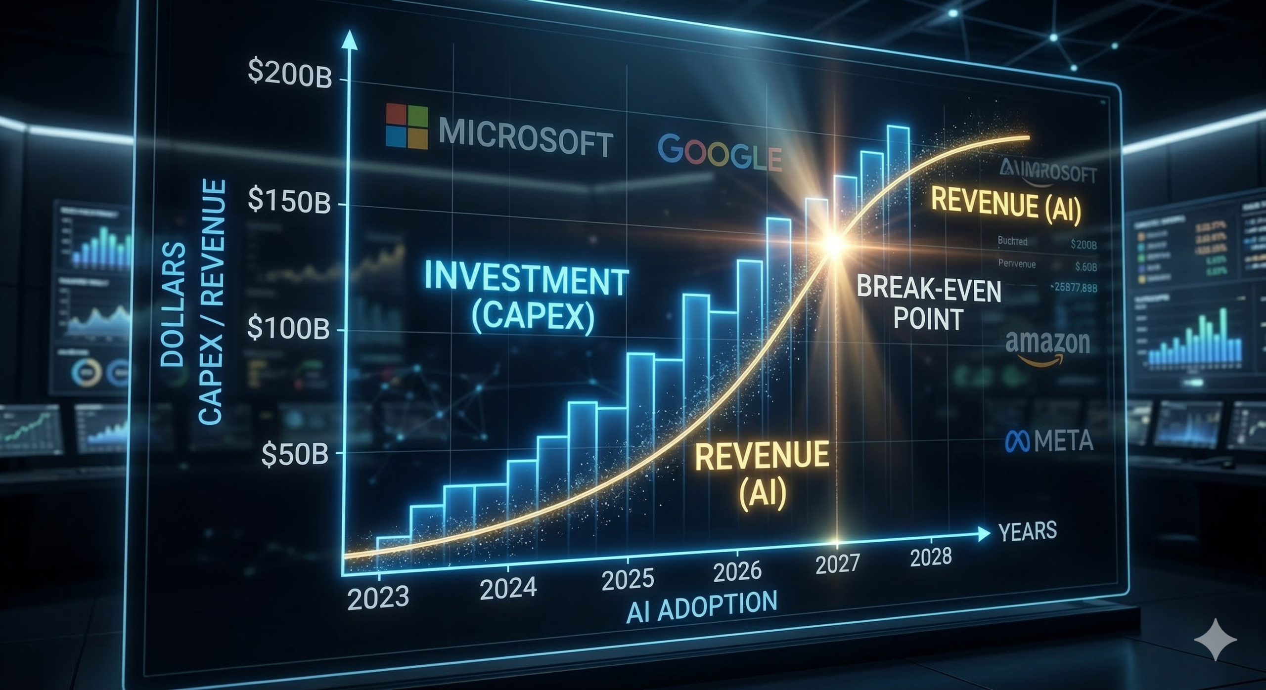 우상향하는 빅테크의 CAPEX 차트와 그 위를 가로지르는 수익성(Profitability) 곡선이 교차하는 지점을 나타낸 금융 대시보드 그래픽