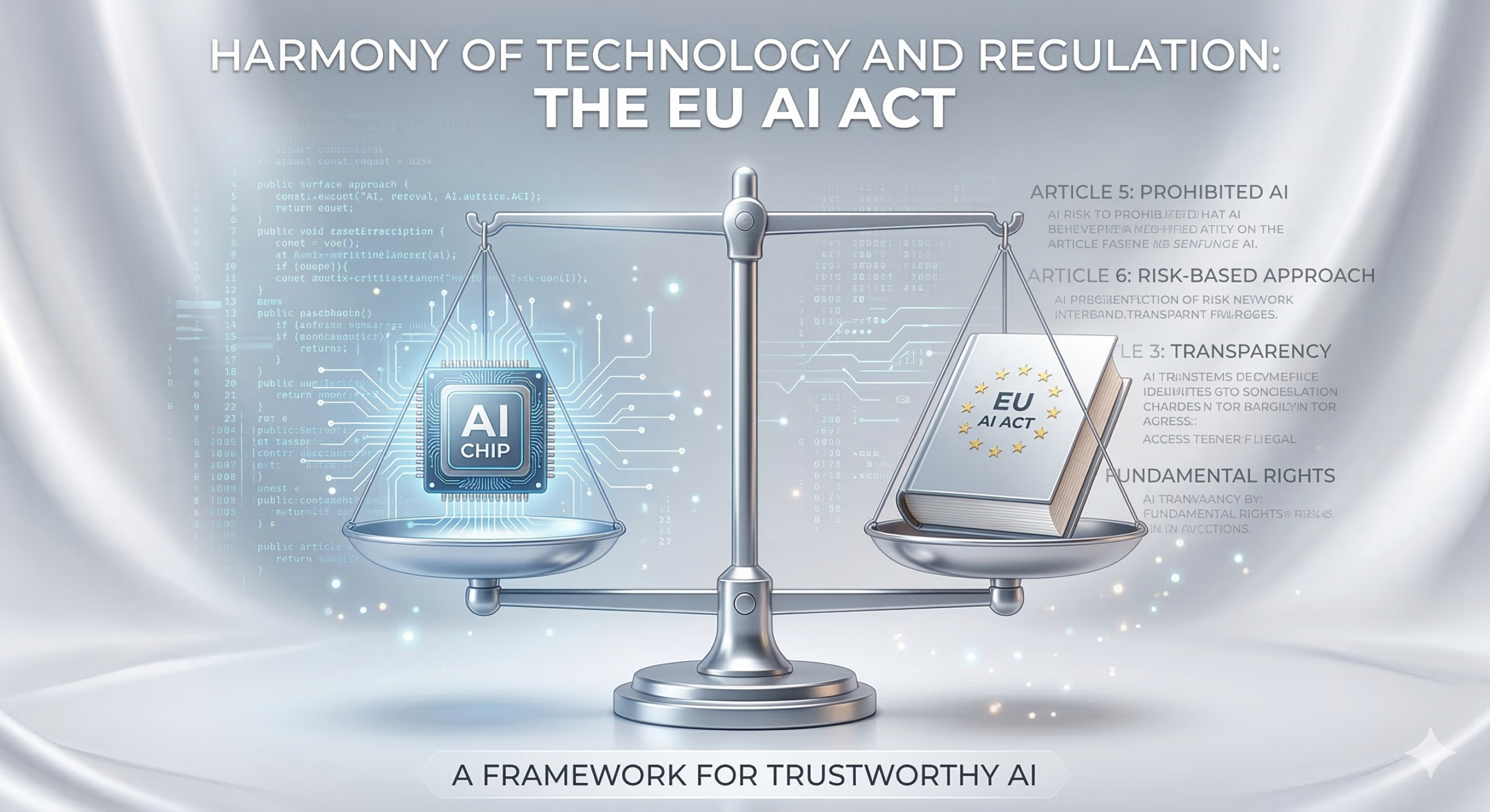 EU 국기 배경과 디지털 저울, 그리고 AI 칩이 조화를 이루며 '기술'과 '법'의 균형을 상징하는 시각적 그래픽