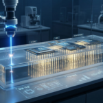 투명하고 매끄러운 유리 기판 위에 미세한 반도체 칩들이 정교하게 배치되어 있고, 레이저가 미세 회로를 새기는 미래지향적 제조 공정 이미지