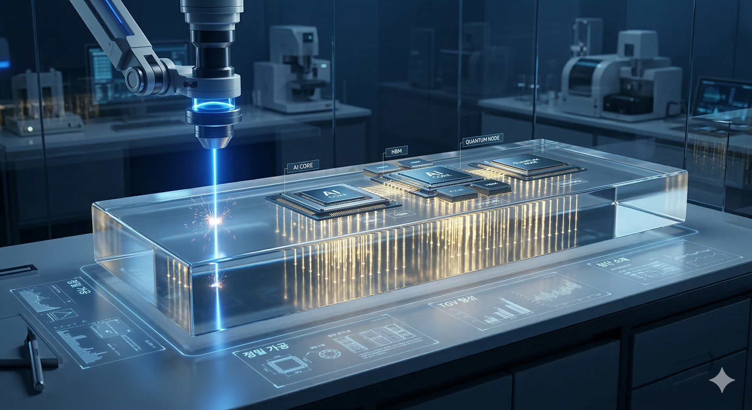 투명하고 매끄러운 유리 기판 위에 미세한 반도체 칩들이 정교하게 배치되어 있고, 레이저가 미세 회로를 새기는 미래지향적 제조 공정 이미지