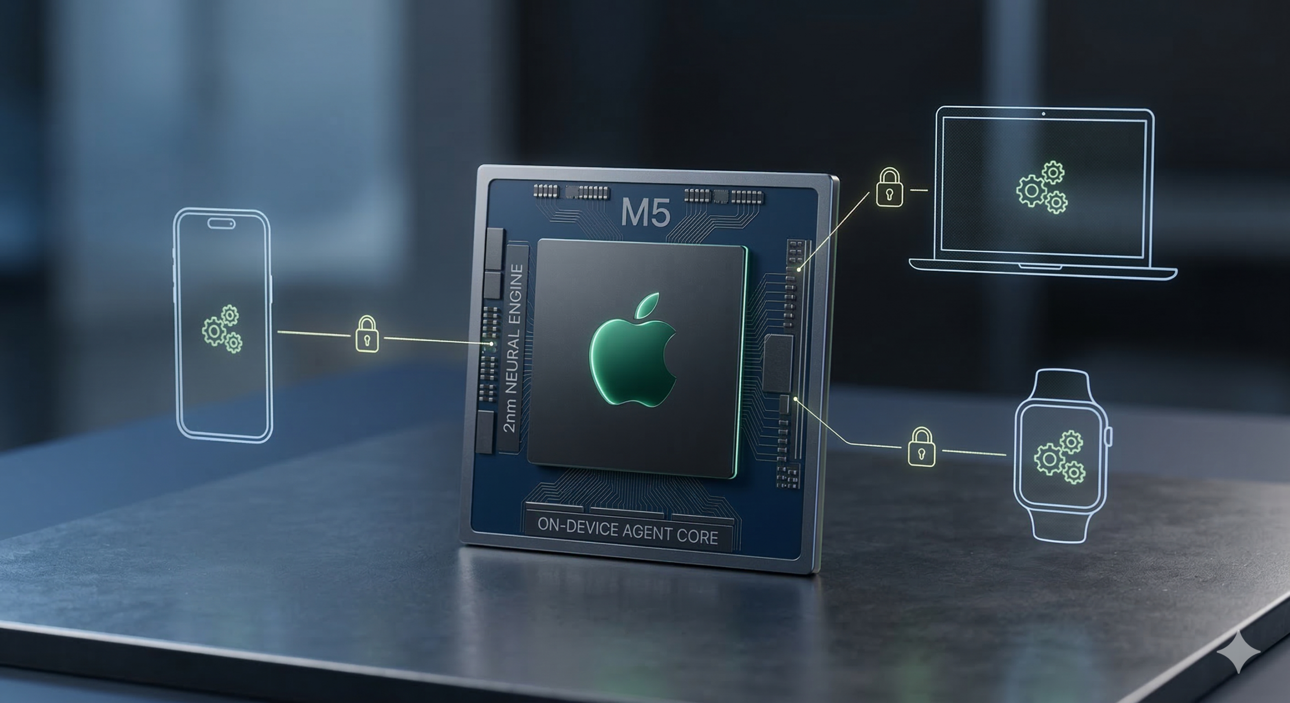 애플 로고와 'M5' 문구가 새겨진 프로세서 칩을 중심으로 아이폰, 맥북, 애플워치의 윤곽선이 연결된 3D 렌더링 이미지. 기기 내부에 자율 실행을 의미하는 톱니바퀴 아이콘과 보안을 상징하는 열쇠 아이콘이 포함되어 온디바이스 AI의 핵심 가치를 표현함.