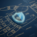 법적 문서와 복잡한 로봇 팔 도면이 겹쳐져 있고, 그 위로 'Safety Certified'라는 인증 마크가 홀로그램으로 떠 있는 비즈니스 리포트 스타일 이미지.