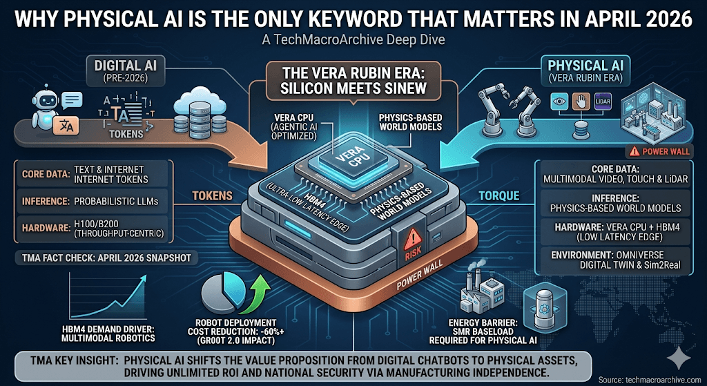 Infographic comparing Digital AI vs Physical AI in 2026. Highlights NVIDIA's Vera Rubin architecture, robot cost reduction (-60%+), and manufacturing shift.