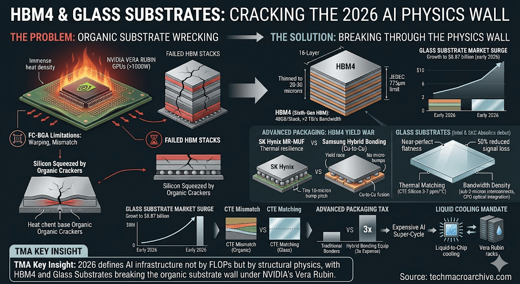 Infographic illustrating the shift to Physical AI in 2026, comparing Digital vs. Physical AI, Vera Rubin platform, Humanoid GR00T models, and SMR power barrier.