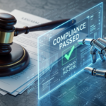 법원의 망치와 정교한 로봇 팔 도면이 나란히 놓여 있고, 그 사이로 디지털 안전 검증 스캔 라인이 지나가며 'Safety Certified' 홀로그램이 뜨는 현대적인 이미지.