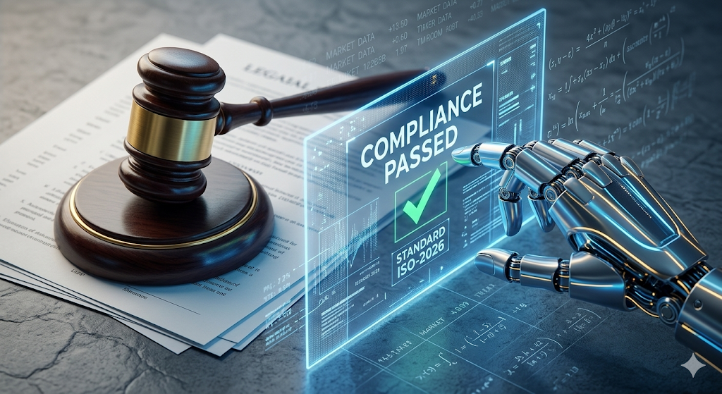 법원의 망치와 정교한 로봇 팔 도면이 나란히 놓여 있고, 그 사이로 디지털 안전 검증 스캔 라인이 지나가며 'Safety Certified' 홀로그램이 뜨는 현대적인 이미지.