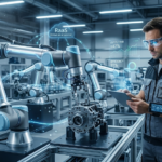 스마트 팩토리에서 AR 글래스를 착용한 숙련된 블루칼라 작업자가 태블릿을 이용해 3대의 협동 로봇 팔을 실시간으로 감독 및 조종하는 모습을 담은 거시경제 테마 이미지.