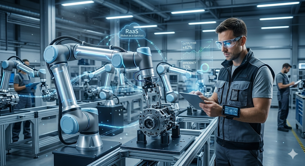 스마트 팩토리에서 AR 글래스를 착용한 숙련된 블루칼라 작업자가 태블릿을 이용해 3대의 협동 로봇 팔을 실시간으로 감독 및 조종하는 모습을 담은 거시경제 테마 이미지.