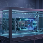 어두운 네이비색 배경의 실험실, 투명한 절연 액체 탱크 속에 최첨단 엣지 AI 서버 블레이드들이 잠겨 있으며, 칩 주위로 푸른색 조명이 흐르는 Financial Times 스타일 이미지.