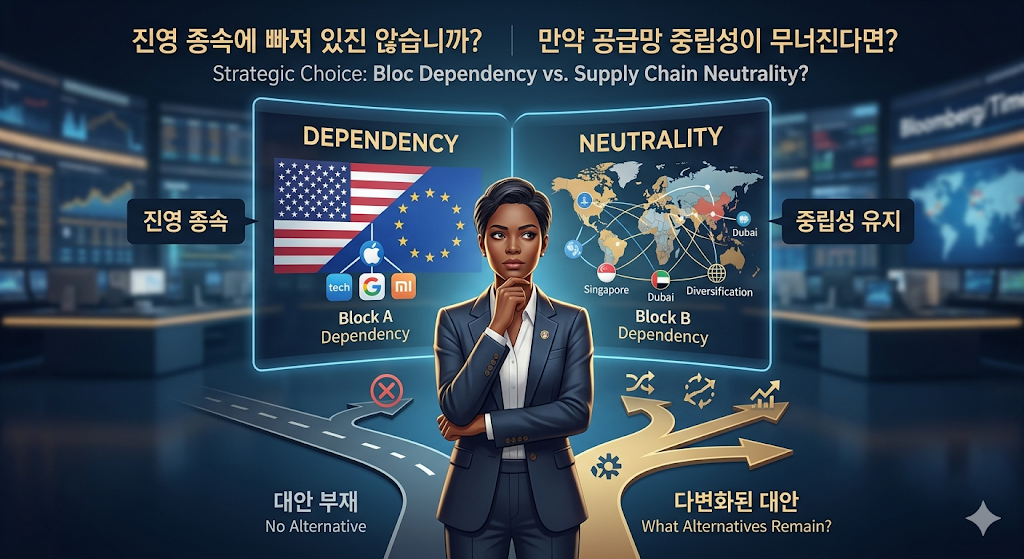 미-중 기술 진영 간의 홀로그램 지도 앞에서 고뇌하는 투자자가 '종속'과 '중립성' 중 하나를 선택하는 상황을 묘사한 3D 인포그래픽 이미지.