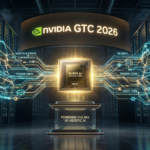 엔비디아 GTC 2026 로고와 함께 빛나는 차세대 AI GPU 칩셋의 시뮬레이션 이미지