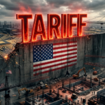 미국 국기 문양이 새겨진 거대한 관세 장벽이 글로벌 반도체 회로도 위를 가로막고 있는 디지털 아트