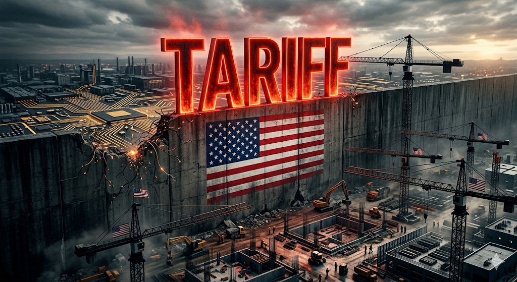 미국 국기 문양이 새겨진 거대한 관세 장벽이 글로벌 반도체 회로도 위를 가로막고 있는 디지털 아트