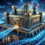 수만 개의 미세한 데이터 입자들이 황금색 요새 형태의 메모리 칩 안으로 흡수되는 초현실적 이미지