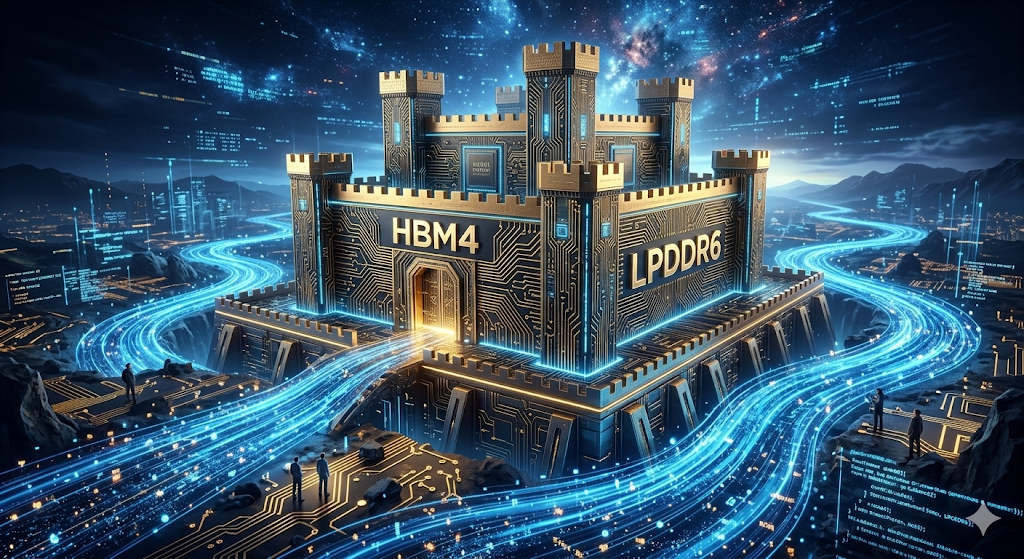 수만 개의 미세한 데이터 입자들이 황금색 요새 형태의 메모리 칩 안으로 흡수되는 초현실적 이미지