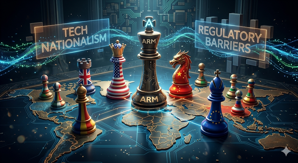 거대한 지정학적 체스판 위에 ARM 로고가 새겨진 킹 기물이 서 있고, 그 주변으로 미국, 영국, 중국, EU 등 각국의 국기가 새겨진 기물들이 대치하고 있는 디지털 아트