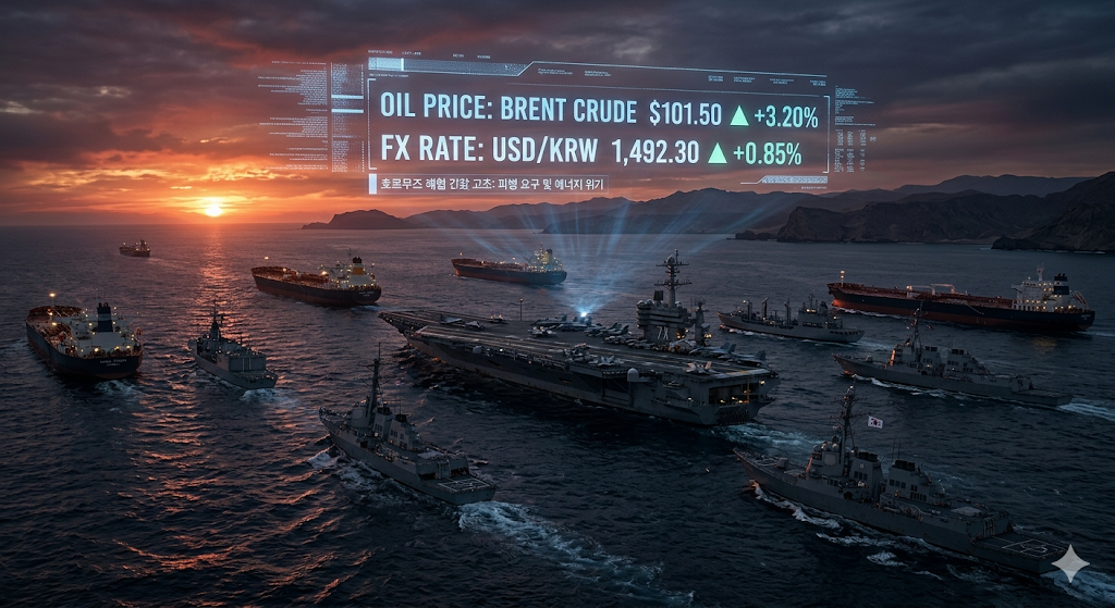 중동의 호르무즈 해협을 배경으로 군함과 유조선이 대치하고 있는 가운데, 배경에 디지털 데이터 그래프와 미국-한국 국기가 겹쳐져 지정학적 위기를 상징하는 고해상도 이미지.