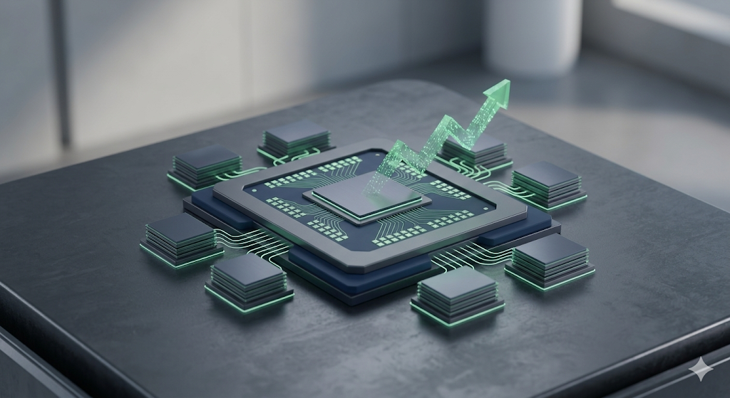 어두운 배경의 미니멀한 회로 기판 위에 8개의 HBM4 메모리 스택으로 둘러싸인 AI 추론 전용 칩셋이 놓여 있는 3D 렌더링 이미지. 성능 향상을 상징하는 상승 화살표와 GTC 2026 로고가 포함됨.