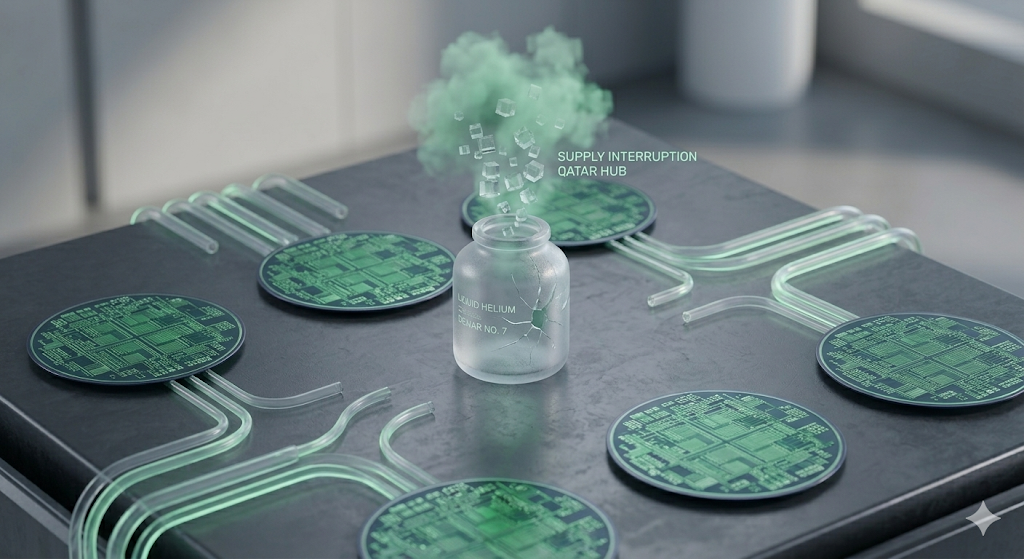 카타르 헬륨 허브 가동 중단에 따른 글로벌 반도체 냉각 가스 공급망 위기를 시각화한 미니멀 3D 렌더링. 초저온 액체 헬륨 보관 용기(Dewar)와 단절된 냉각 라인, 그리고 경고 아이콘이 포함됨.