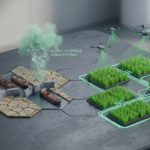 한쪽은 메마른 땅과 봉쇄된 항구가 보이고, 다른 한쪽은 AI 드론과 센서가 정밀하게 관리하여 풍요로운 작물이 자라는 대비를 보여주는 3D 렌더링 이미지. 중앙에는 지능형 농업 제어 시스템 아이콘이 배치됨.