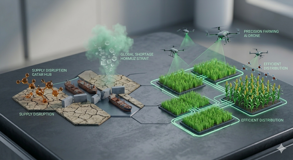 한쪽은 메마른 땅과 봉쇄된 항구가 보이고, 다른 한쪽은 AI 드론과 센서가 정밀하게 관리하여 풍요로운 작물이 자라는 대비를 보여주는 3D 렌더링 이미지. 중앙에는 지능형 농업 제어 시스템 아이콘이 배치됨.