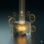 데이터센터를 상징하는 유리 큐브 내부에 황금색 뇌 시냅스 구조가 빛나고 있으며, 그 주위를 100년을 상징하는 고리와 시계 문양이 감싸고 있는 3D 렌더링. 다크 틸과 골드 색상의 대비가 강조됨.