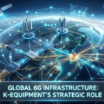 지구를 감싸는 6G 통신망과 그 위에 선명하게 새겨진 한국 통신 장비 기업들의 로고 및 광섬유 데이터 전송 컨셉