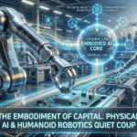 A high-tech humanoid robot working alongside human professionals in a modern, AI-driven manufacturing facility.