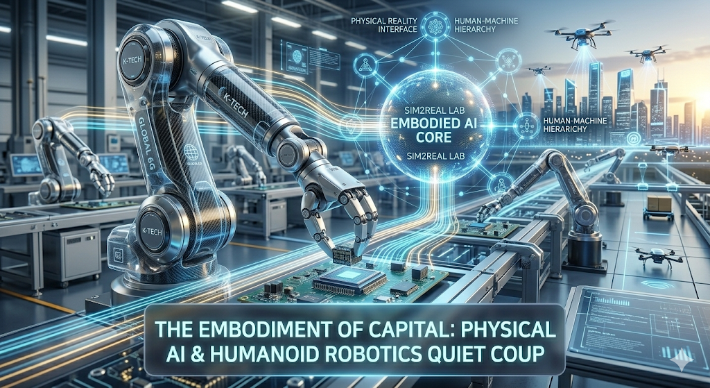 A high-tech humanoid robot working alongside human professionals in a modern, AI-driven manufacturing facility.