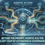A central, pulsing AI core labeled 'AGENTIC AI' orchestrating a network of automated tasks, data flows, and decision-making processes, symbolizing autonomous task execution and its macro impact.