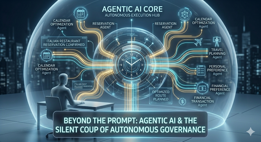 A central, pulsing AI core labeled 'AGENTIC AI' orchestrating a network of automated tasks, data flows, and decision-making processes, symbolizing autonomous task execution and its macro impact.