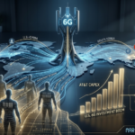 A corporate 3D render of the 2026 6G landscape, featuring a central tower connecting the U.S. and South Korea, an AT&T investment growth chart, and human figures represented as data streams with "Data Livestock" labels.