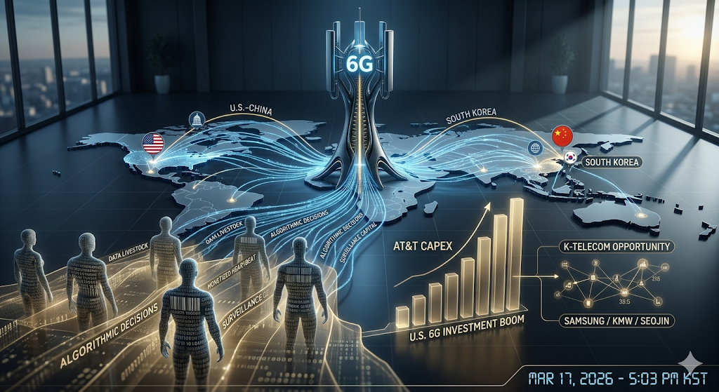 A corporate 3D render of the 2026 6G landscape, featuring a central tower connecting the U.S. and South Korea, an AT&T investment growth chart, and human figures represented as data streams with "Data Livestock" labels.