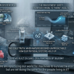 Infographic on 6G climate-resilient infrastructure and the digital divide, featuring a '6G' core and a 'digital divide map' while raising questions about 'ethical costs' and 'silicon fortresses.'