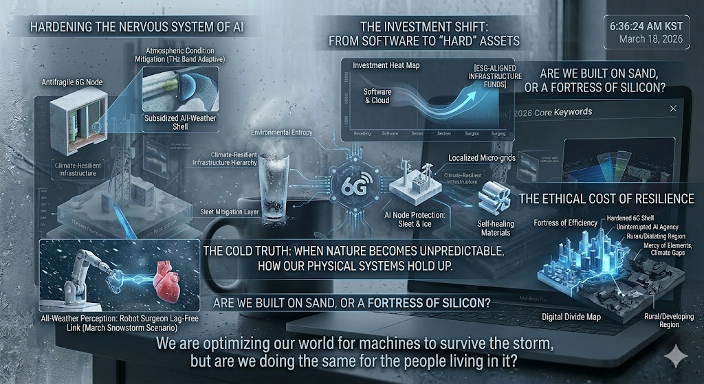 Infographic on 6G climate-resilient infrastructure and the digital divide, featuring a '6G' core and a 'digital divide map' while raising questions about 'ethical costs' and 'silicon fortresses.'