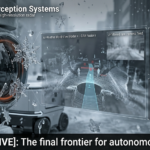 "A 3D render of a futuristic sensor node, with LiDAR and high-resolution radar operating in sleet and high humidity, and a holographic display labeled '[3D DEEP-DIVE]: The final frontier for autonomous systems'."