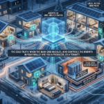 "A visualization of an AI-driven smart grid and decentralized heating system, featuring energy orchestration, VPPs, and an energy divide map, with text panels on critical infrastructure and a reflective question on ownership."