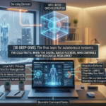 "A visualization of an AI-driven smart apartment, featuring a local NPU for bio-management, circadian lighting, micro-climate optimization, and a dependency map, viewed through a 6G network and a detailed sleet window."