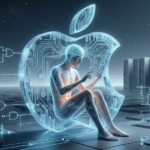 사용자가 애플의 AI 생태계에 갇혀 있는 모습을 시각화한 감성 3D 렌더링. 디지털 감옥의 형태를 띤 거대한 애플 로고가 사용자를 둘러싸고 있으며, 사용자의 손에는 AI가 제안하는 정보들이 흘러가고 있습니다.