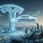 A dramatic, critical 3D rendering of a human figure seemingly in control of a futuristic, driverless car interface (representing Tesla's Cybercab), but the car is encased within a massive, icy-blue digital grid structure that resembles a giant, cold, impersonal eye, symbolizing pervasive corporate surveillance and control. Luminous data streams replace a human driver's organic brain, and a faint, distant human figure outside is being pushed aside by the automated vehicle. The overall mood is melancholic and critical, emphasizing human isolation within a pervasive technological structure.