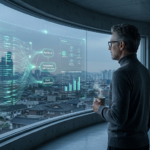 투명 홀로그램 디스플레이를 통해 에이전틱 AI(Agentic AI)의 글로벌 트렌드와 국내 도입 괴리율 데이터를 분석하는 시네마틱 사진. 배경에는 자율 과업 수행 중인 AI 로봇이 보임.