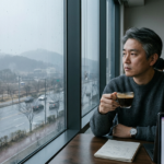 중년의 한남성이 글을 작성하다 창너머 풍경을 보며 커피를 마시고 있는 모습