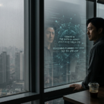 "잿빛 미세먼지로 가득 찬 도심 전경이 보이는 인천 집무실 창가에서, 한 편집자가 식어버린 에스프레소 잔을 들고 고뇌하며 서 있다. 창유리에는 투명하게 'AGENTIC AI: THE BIRTH OF AGENCY (우리가 마주한 주체성의 탄생)'이라는 문구가 오버레이되어 기술의 맨얼굴을 해부하려는 비판적 관점을 상징적으로 드러낸다."