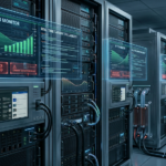 A detailed visualization of high-tech data center server racks featuring sophisticated holographic displays. These screens visualize complex metrics like 'AI TCO MONITOR' and 'REAL-TIME CARBON TAX LIABILITY,' showing fluctuating graphs and data flows. The interfaces prominently display red critical alerts for 'HIGH INFERENCE POWER DEMAND' and 'CARBON TAX RATE INCREASE.' The entire scene emphasizes a futuristic, purely machine-driven operational environment focused on energy and cost monitoring.