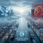 Futuristic port with vast US IP and China MFG holographic overlays, visualizing 2026's tech-neutral strategic buffer.